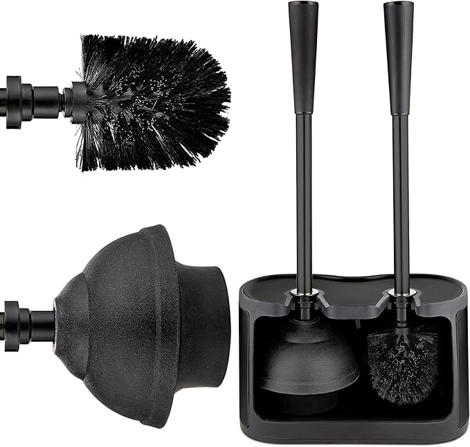 UMIEN Toilet Brush and Plunger Set 18-in - Updated 2025 No-Rust - Stainless Steel Design - Long Handles - with Freestanding Canister (Matte Black)