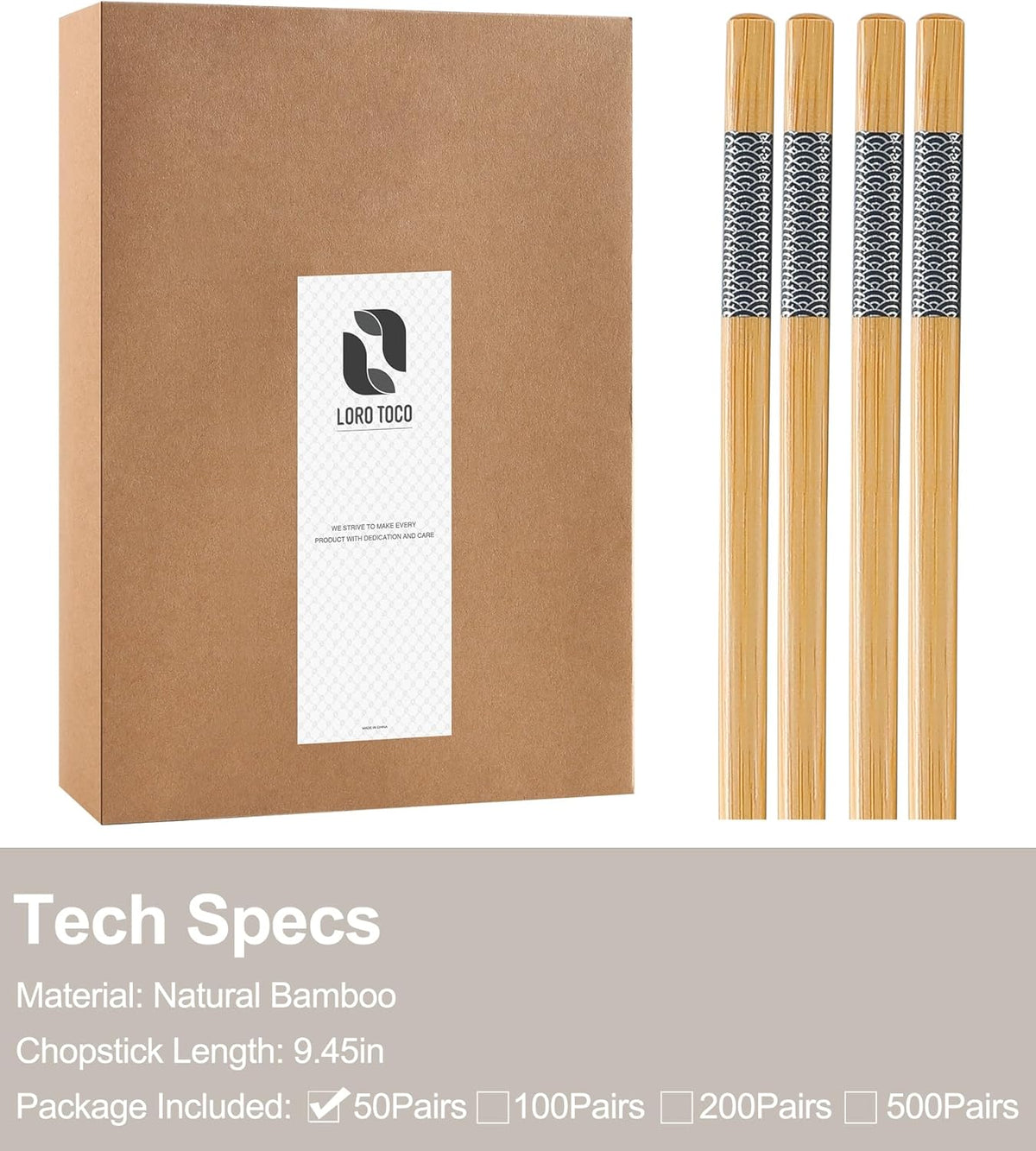 50 Pairs Bamboo Chopsticks Disposable | Separated | Reusable | Dishwasher Safe- （9.45in）