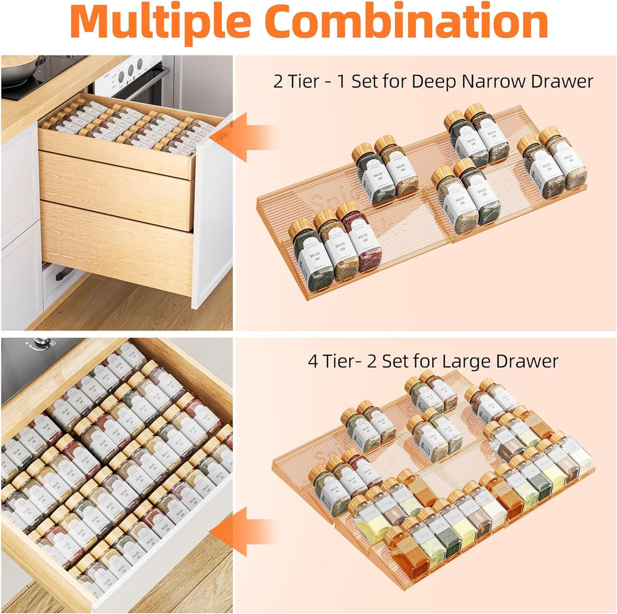 Spice Drawer Organizer, 2 Tier- 2 Pack Amber Acrylic Drawer Seasoning Organizer, Expandable From 11'' to 22'' Kitchen Spice Rack Organizers and Storage for Drawer (Jars not included)