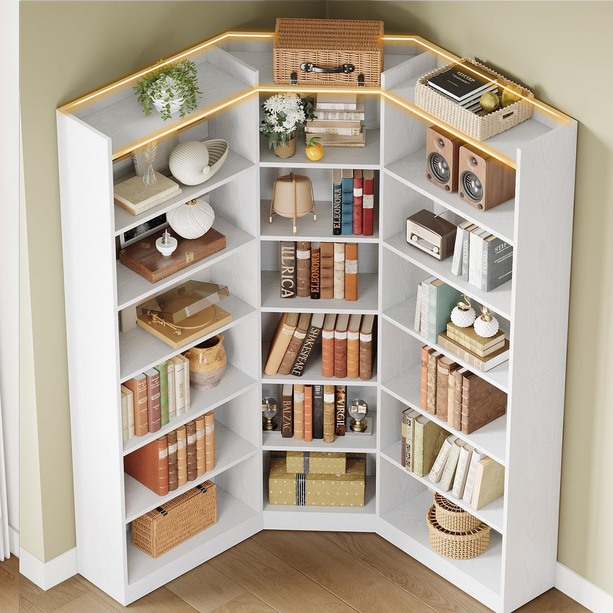 IRONCK Corner Bookshelf, 7-Tier Bookshelf with Storage, Corner Bookcases with Baffles Etagere Shelf for Living Room Home Office Bedroom, White