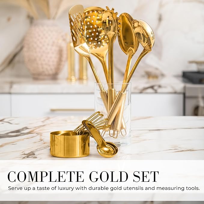 Gold Cooking Utensils with Measuring Cups and Spoons Set - 13-Piece Luxury Gold Kitchen Accessories Includes Metal Measuring Cups and Spoons for Baking, Cooking, and Elegant Kitchen Decor