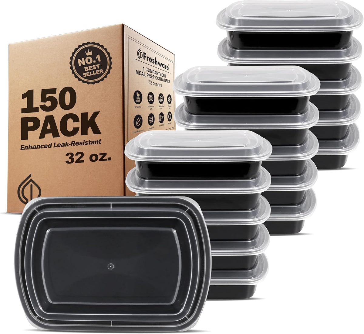 Freshware Bento Box Meal Prep Container, 32, 1-Compartment, 150-Pack, 32 ounce