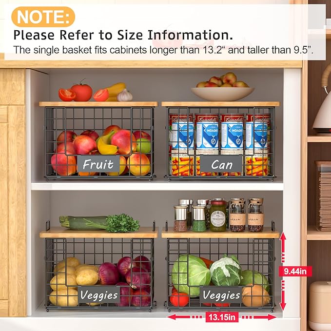 keomaisyto 2 Set XL Stackable Wire Baskets with Bamboo Top- Pantry Organizers and Storage, Kitchen Organization Counter Storage Bins for Potato/Onion/Fruit/Vegetable/Produce, Under Sink Organizing