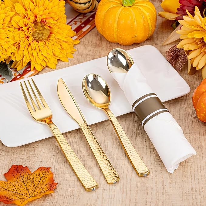 WELLIFE 400PCS Gold Plastic Silverware, Pre Rolled Silverware Set Disposable,Plastic Cutlery Includes: 100 Forks, 100 Knives, 100 Spoons, 100 Napkins, Cutlery Set Disposable for Thanksgiving