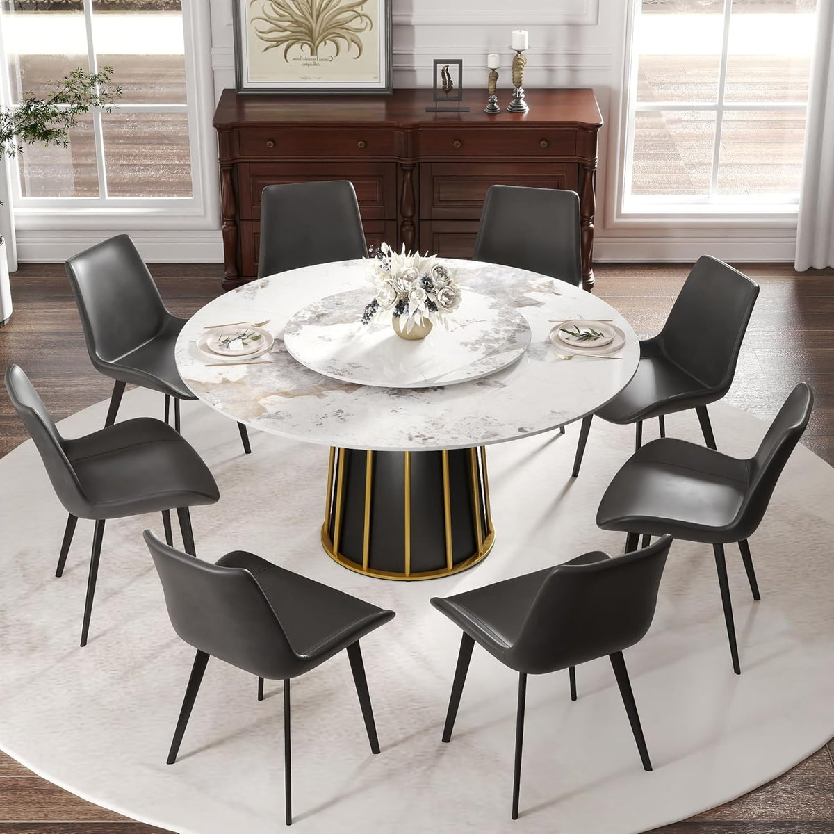 Montary 9 Piece Dining Table Chairs Set, Modern Dining Table Set of 8, Includes 59" D Marble Round Table with Metal Iron Base, 8 Grey Black Dining Chairs for Home, Kitchen