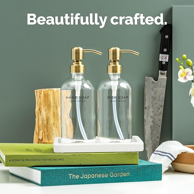 Vine Creations Glass Soap Dispenser Set, Kitchen Soap Dispenser Set with Ceramic Tray, 16 oz Dish Soap and Hand Soap Dispensers with Stainless Steel Pump Decor (Clear Bottle/Brushed Brass)