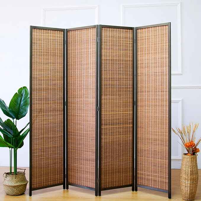 4 Panel Bamboo Room Divider - 5.6 ft Tall Folding Privacy Screen for Room Separation, Natural Brown (67 x 61.4 inches)
