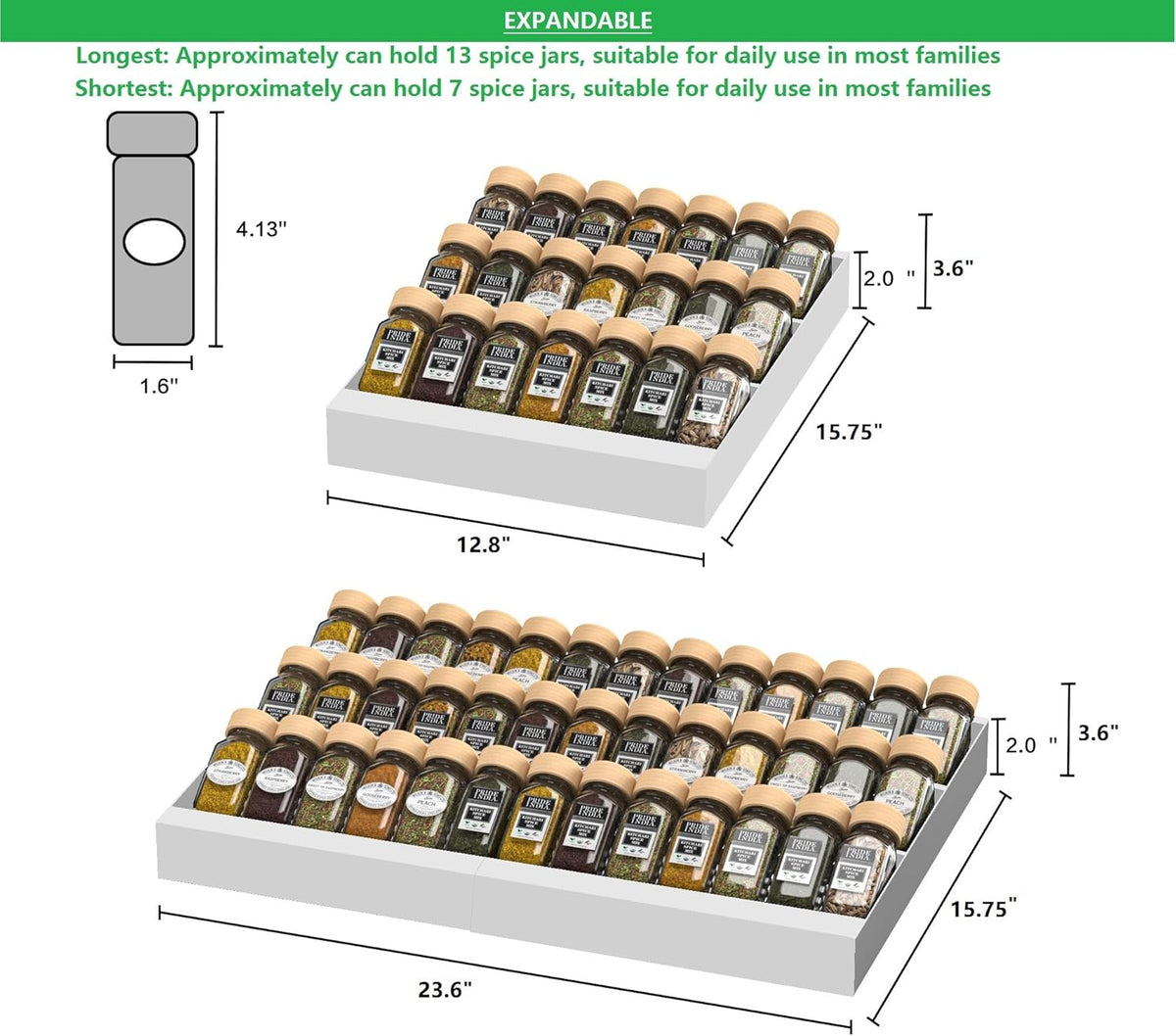 Expandable Metal Spice Drawer Organizer,3-Tier,Slanted Seasoning Jars Tray for Kitchen Cabinet Drawers Insert/Countertop (Jars not included)-3Tier,1pack/White