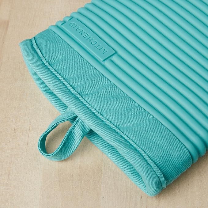 KITCHENAID Ribbed Soft Silicone Oven Mitt 2-Pack Set, 7.5"x13", Aqua Sky