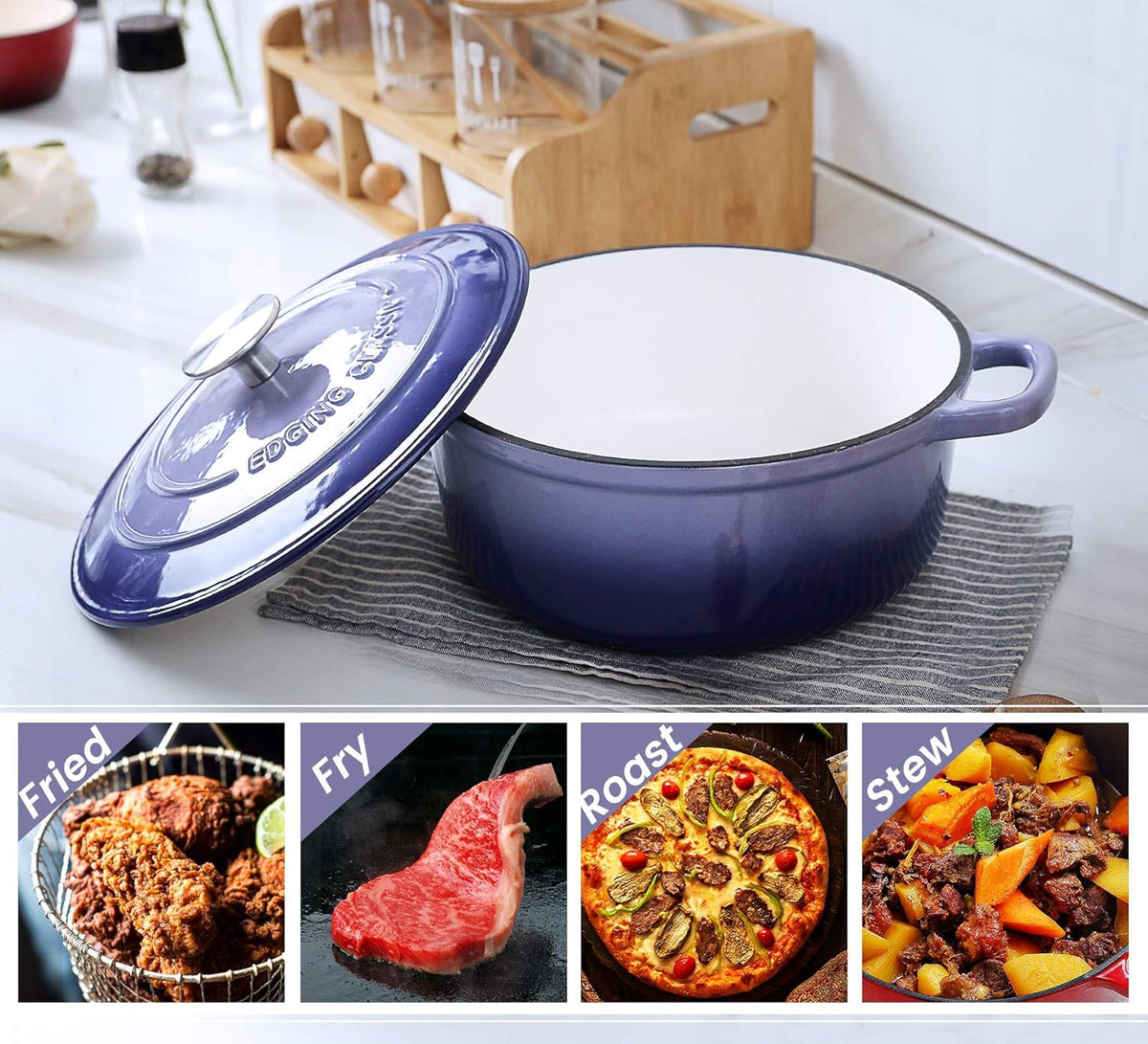 Enameled Cast Iron Covered Dutch Oven with Dual Handle, Dutch Ovens with Lid for Bread Baking, Safe to 500 degrees, 3.5 Quart, Purple