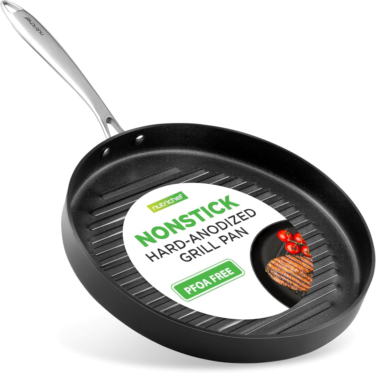 NutriChef Anodized Non-Stick Grill - Dishwasher Safe Nonstick Grill Pan Heavy Gauge Aluminum Body with Hard Anodized Surface for Even Heating, Max Temperature: 500° Fahrenheit (260° Celsius)