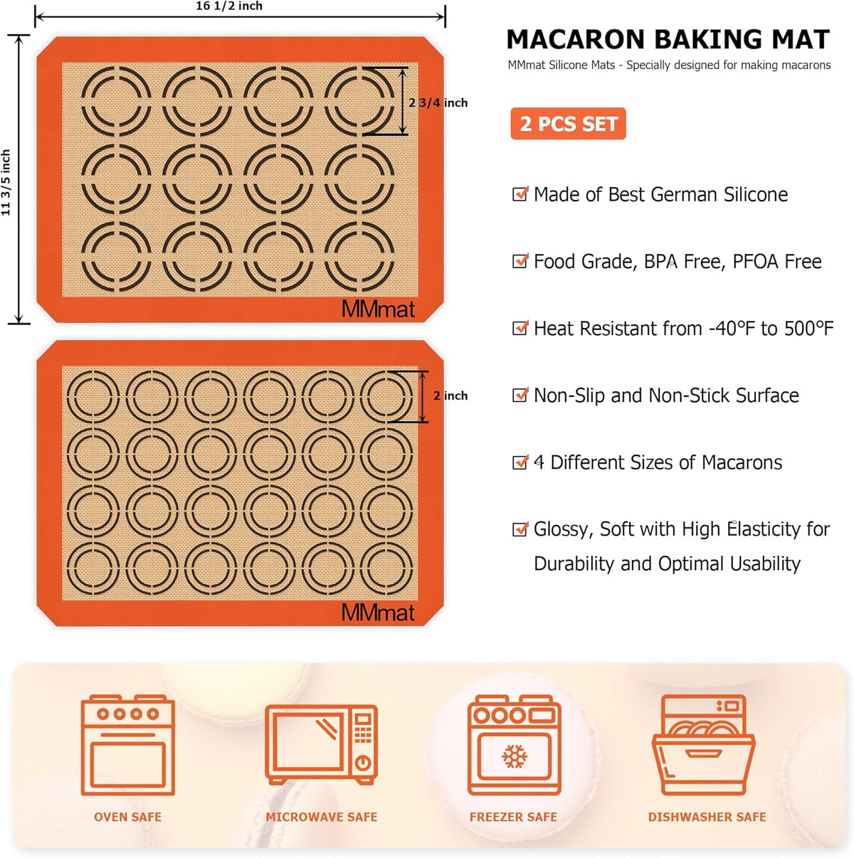 Silicone Baking Mats - Best German Silicone - Non Slip Silicone Baking Sheet, Non Stick Reusable Silicone Mats for Baking, Oven Liner, Counter Mat - 2 Half Sheets Cookie Baking Mats