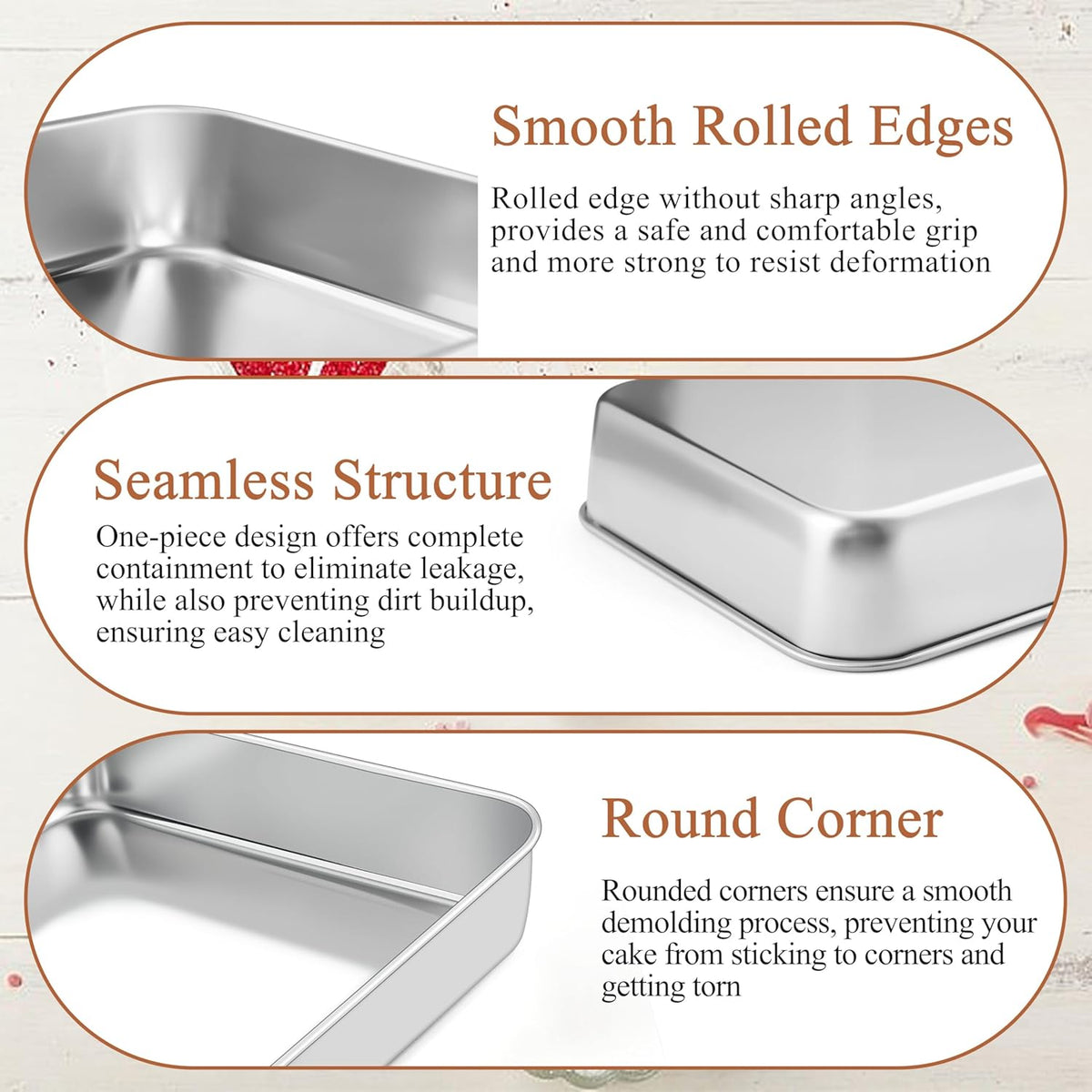 LIANYU Rectangle Baking Pan Set of 3, 12⅓ x 9¾ x 2 Inch Cake Lasagna Pan, Stainless Steel Toaster Oven Bakeware for Casseroles Brownies, Oven & Dishwasher Safe
