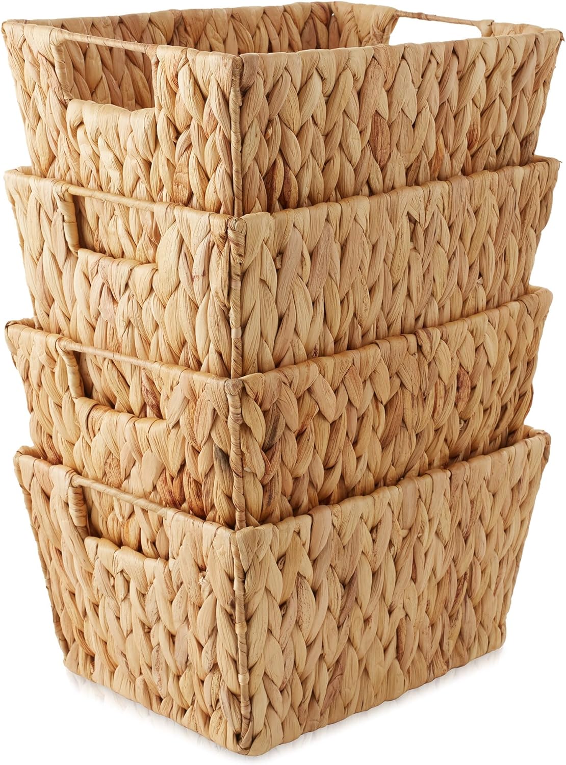 Casafield Set of 4 Water Hyacinth Storage Baskets with Handles - Natural, Woven Rectangular Storage Bins for Shelves, Blankets, Laundry Organization