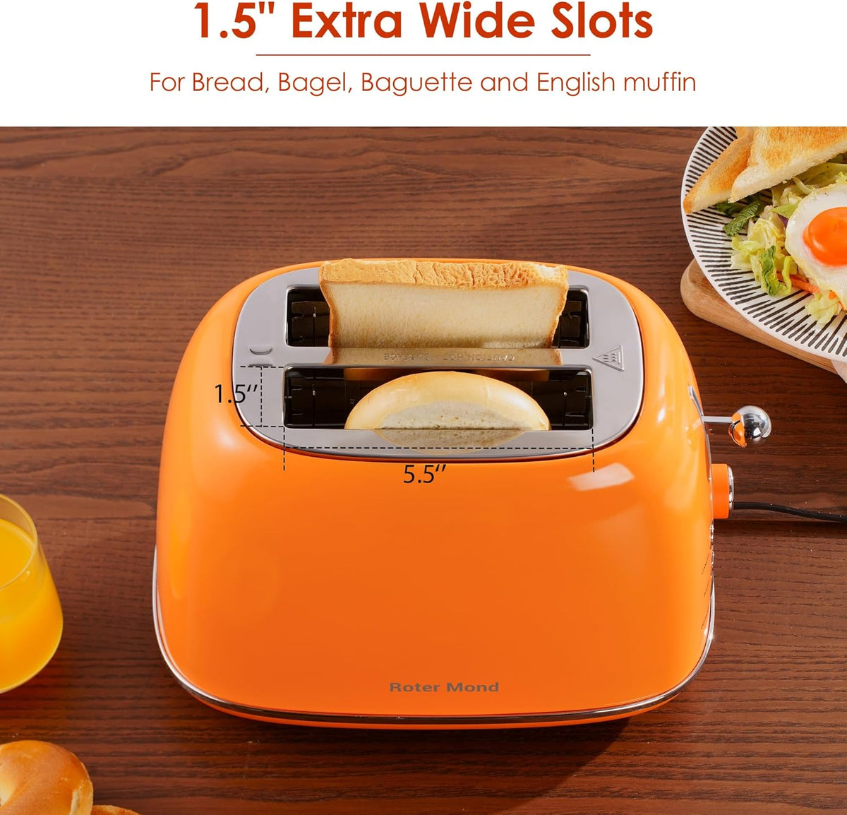 2 Slice Toaster Retro Stainless Steel with Bagel, Cancel, and Defrost Functions, 6 Bread Shade Settings, Extra Wide Slots and Removable Crumb Tray, Orange