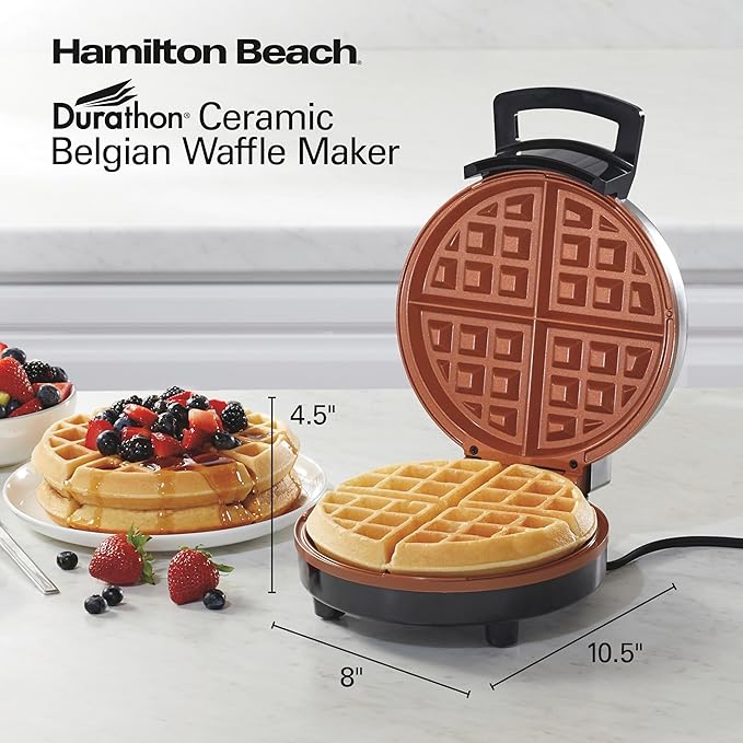 Hamilton Beach Belgian Waffle Maker with PFAS-Free Non-Stick Ceramic-Coated Plates, Browning Control, Indicator Lights, Stainless Steel (26081)