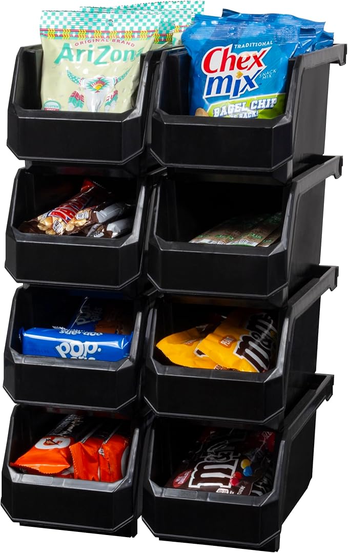Plastic Containers for Organizing and Storage Bins for Closet, Kitchen, Office, Garage or Pantry Organization, Stackable Bins, Medium (11" x 5" x 5.5"), 8-Pack, Black