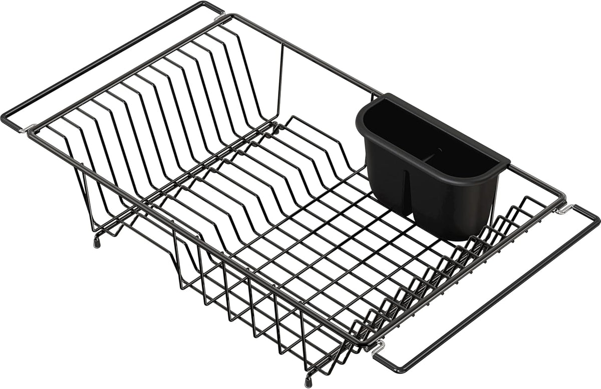 SIMPLE HOUSEWARE Large Over Sink Counter Top Stainless Steel Dish Drainer Drying Rack with Utensil Holder, Black