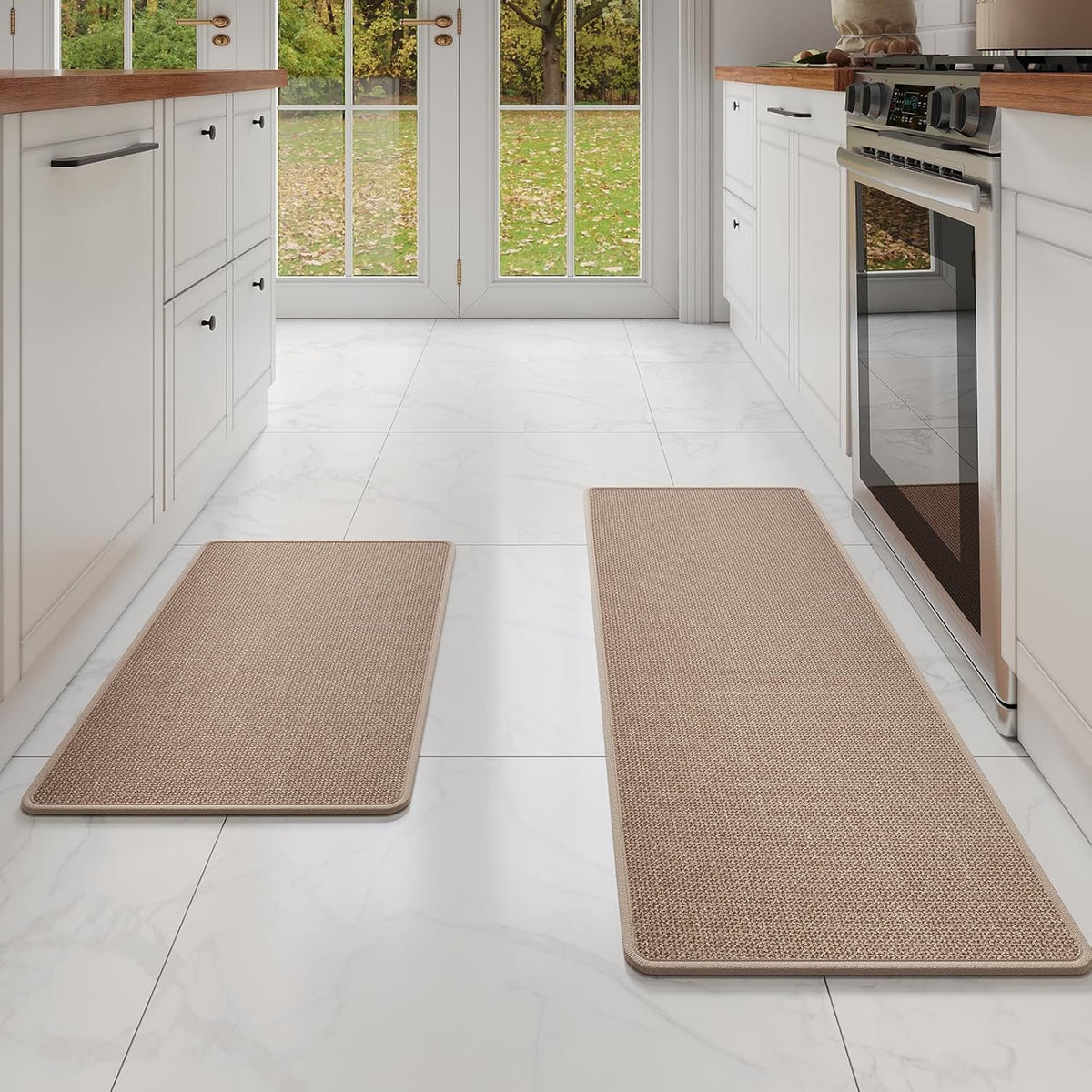 Kitchen Mat Set of 2 PCS, Cushioned Non Slip Rugs for Kitchen Floor, Absorbent Runner Comfort Standing Mats Washable for Kitchen,Floor，Office, Home （Brown 17x30+17x59）