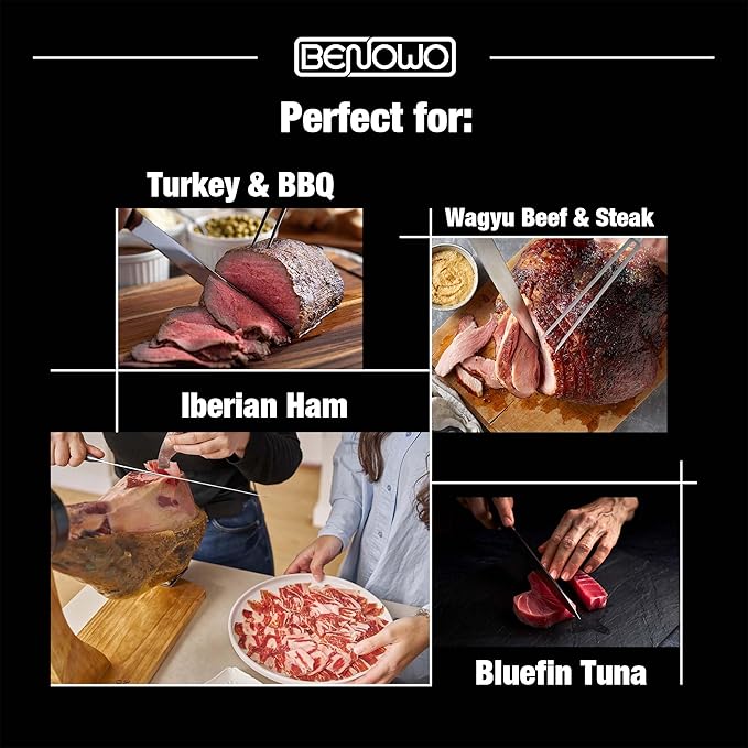Benowo Carving Knife Set 2-Piece, 8-inch Turkey Carving Knife and Fork Set Stainless Steel Kitchen Knife for Steak, Hibachi Knife and Fork, BBQ Carving Fork with Gift Box – Designed in USA