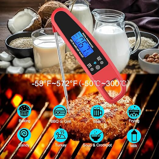 Instant Read Meat Thermometer for Kitchen Cooking, Ultra Fast Precise Waterproof Digital Food Thermometer with Backlight, Magnet and Foldable Probe for Deep Fry, Outdoor BBQ, Grill(RED)