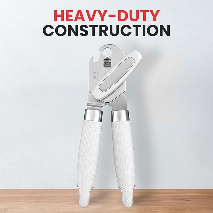 Zulay Kitchen Heavy Duty Stainless Steel Can Opener Manual with Large Bottle Opener - Manual Can Opener with Turn Knob with Soft Grip Handles - White