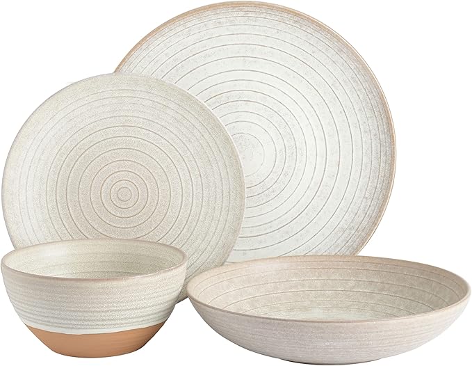 Gibson Elite 16 Piece Dreamweaver Double Bowl Terracotta Reactive Dinnerware Set - Sand Cream, Service for 4 (16pcs)