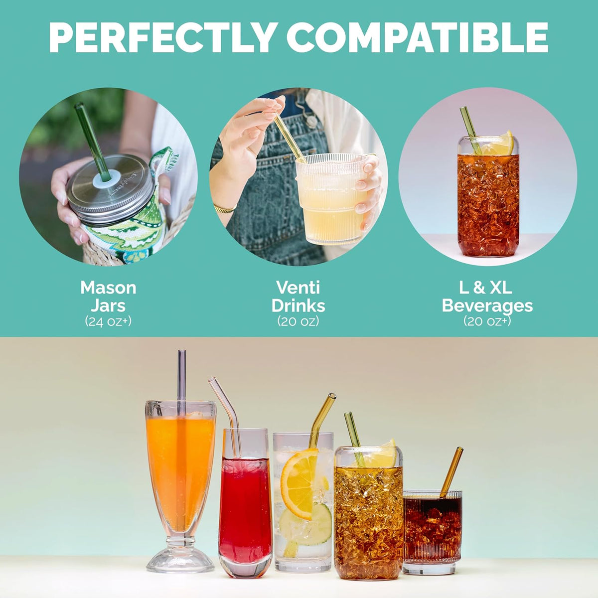 Simply Straws 10 Inch Glass Straws Straight (6-Pack) – Reusable Glass Straws for 24 Oz Mason Jars & Tumblers, with Cleaning Brush – Durable, Dishwasher Safe, Hot & Cold Use, BPA-Free (Seaglass)