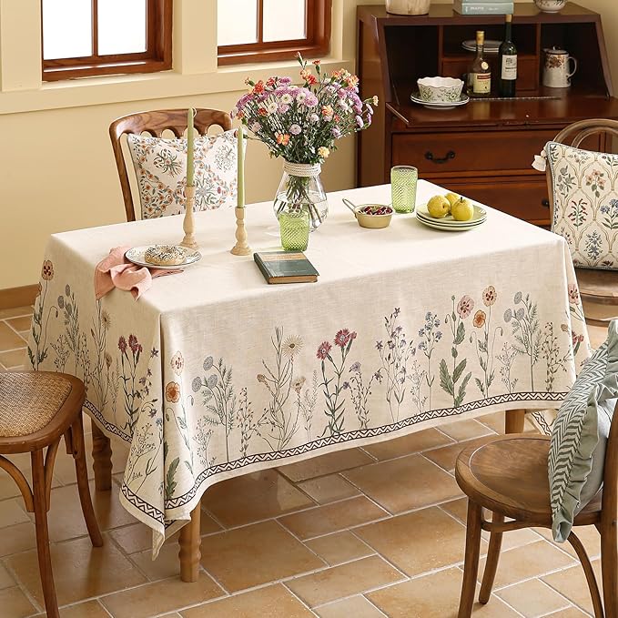 ISAENNE Designer Off White Linen Long Tablecloth Rectangular,Floral Elegant Table Cloth,Stain Resistant Vintage Decor Tablecloths for Dining Thanksgiving Kitchen Christmas,63"*94"-Serenity G