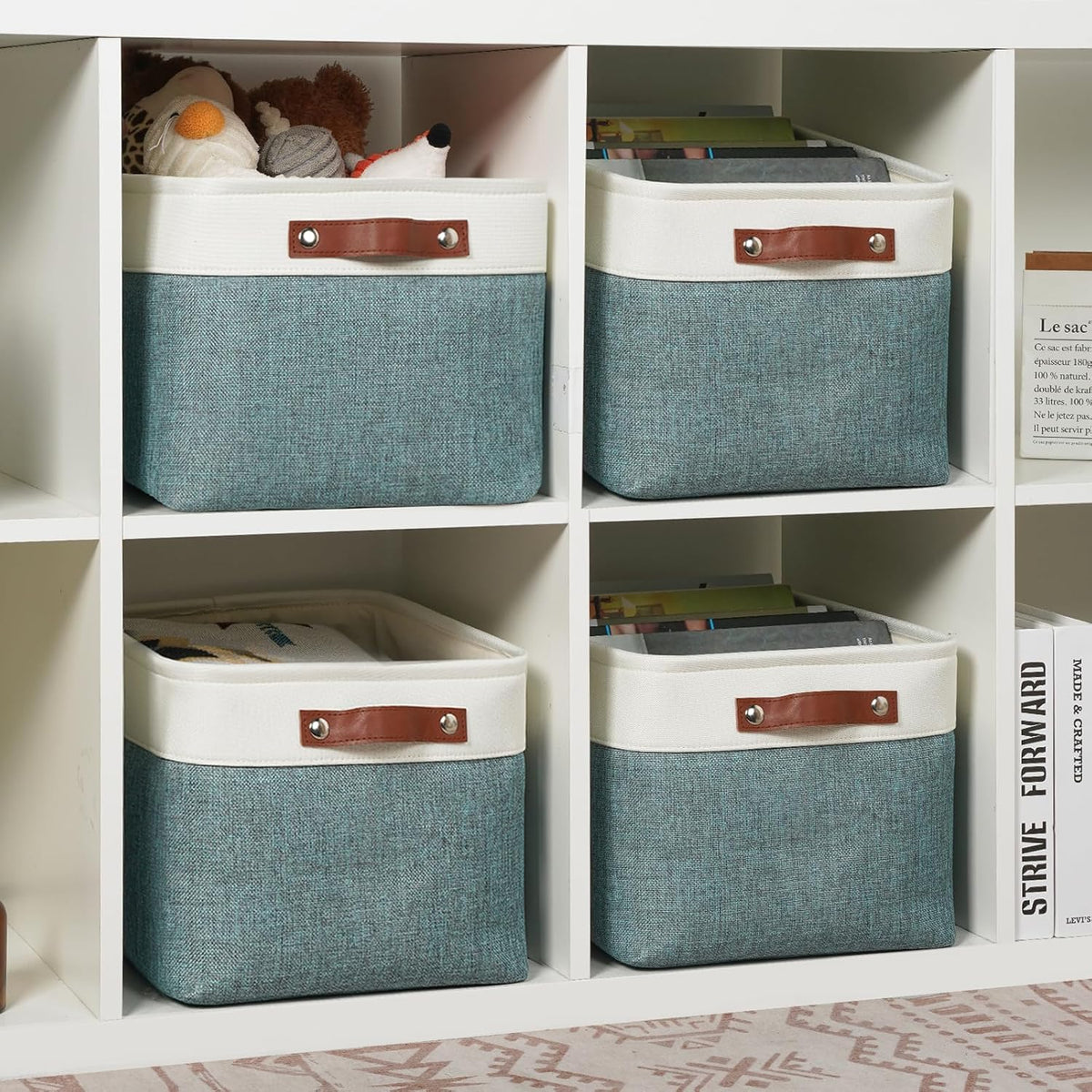 DULLEMELO Storage Baskets for Shelves, Fabric Collapsible Rectangular Storage Bins for Shelves, Closets, Nursery, Home, Office, Empty Gift Baskets (4-Pack-15"*11"*9.5", White&Deep Green)