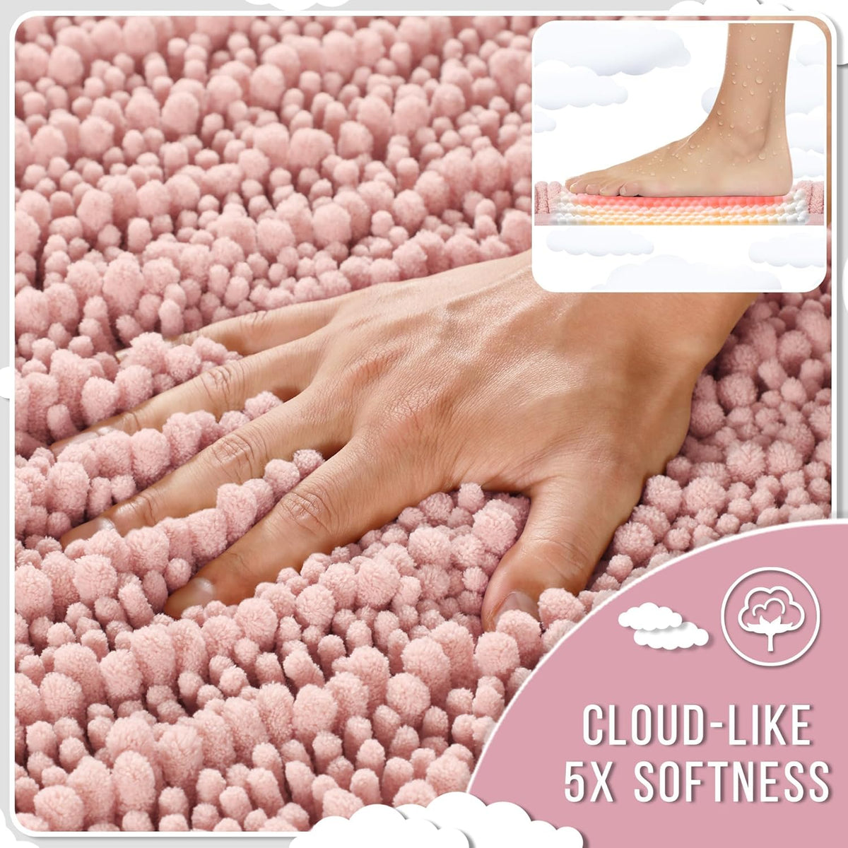 Yimobra Bathroom Rugs Non Slip Washable 32x20 Inch - Ultra Soft Absorbent Chenille Bath Mat, Quick Dry Shaggy Floor Carpet for Tub Shower, Light Pink Home Decor Accessories