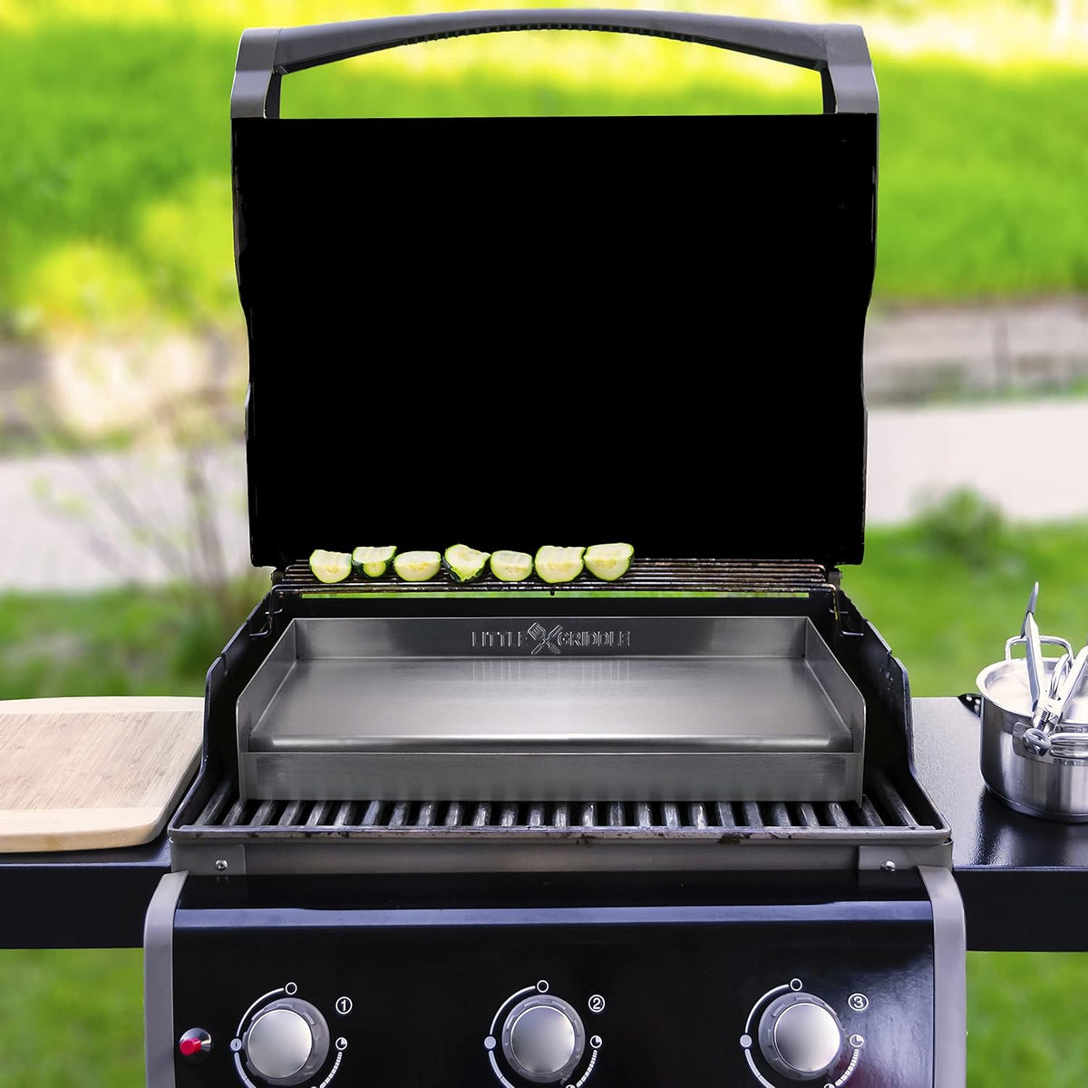 LITTLE GRIDDLE Sizzle-Q SQ180 100% Stainless Steel Universal Griddle with Even Heating Cross Bracing for Charcoal/Gas Grills, Camping, Tailgating, and Parties (18"x13"x3")
