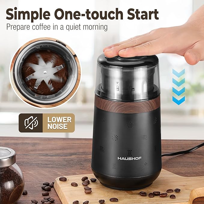 HAUSHOF Coffee Grinder Electric, One Touch Design, Spice, Herb, Grinder for Coffee Bean Spices and Seeds with 1 Removable Stainless Steel Bowl, Dry Grinder-Black