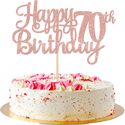 1 PCS Happy 70th Birthday Cake Topper Glitter Cheers to 70 Years Birthday Cake Pick Seventy 70 Fabulous Cake Decoration for Happy 70th Birthday Anniversary Party Decorations Supplies Rose Gold