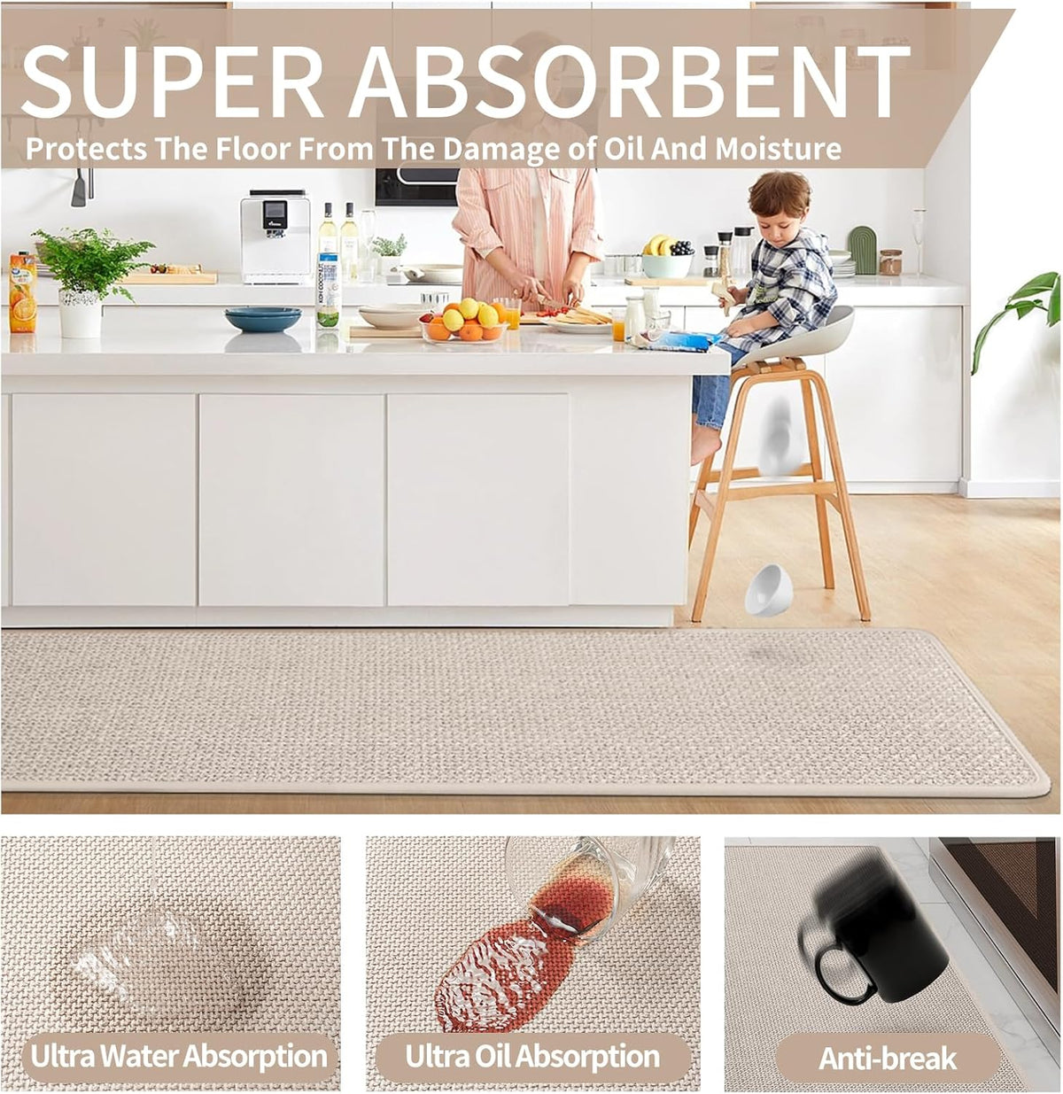 Kitchen Mats for Floor, Super Absorbent Kitchen Rugs Non Slip Washable, Soft Imitation Linen Braided Runner Rug, Standing Mat Kitchen Sink Mat, Easy to Clean, Beige 17x71