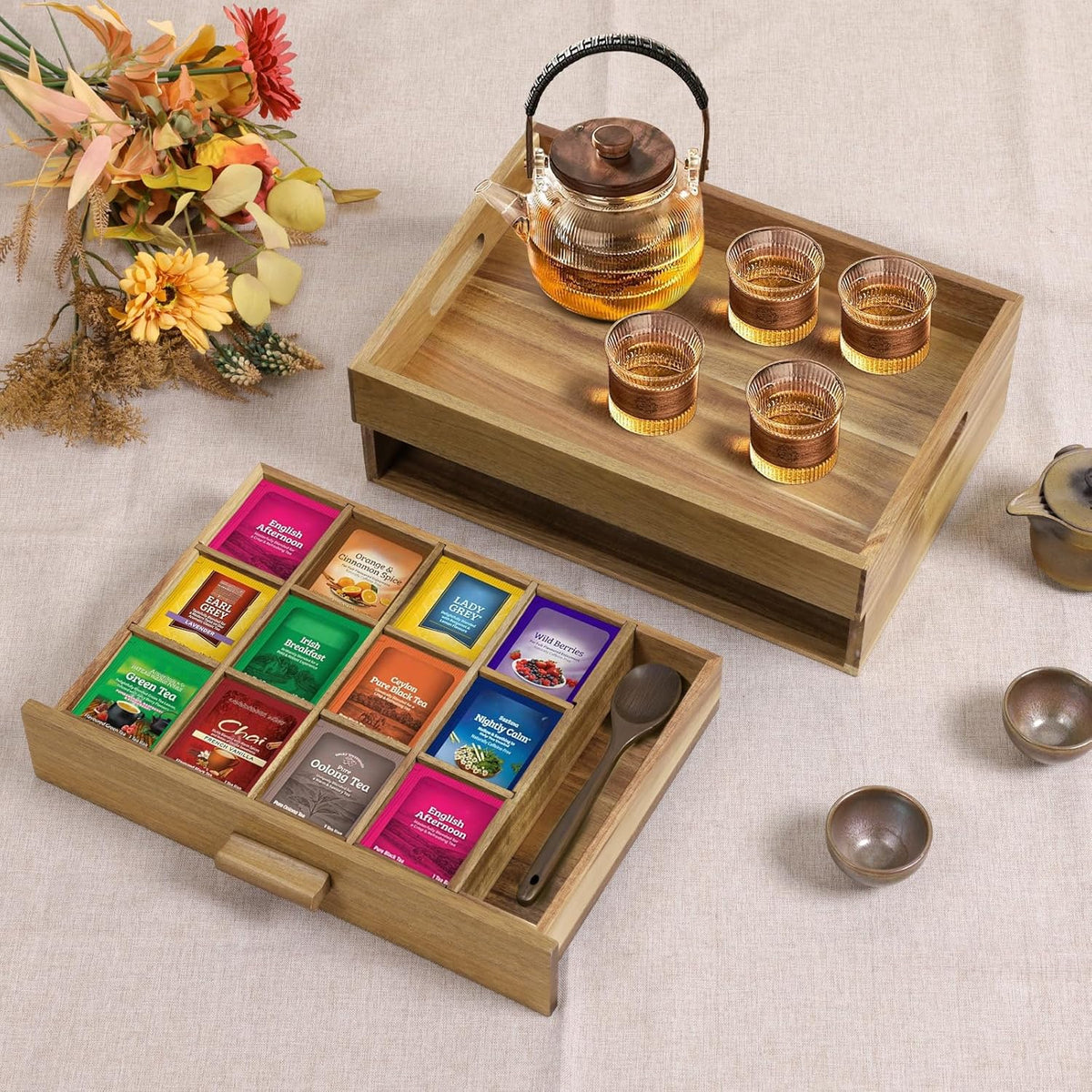 ANMINY Acacia Wood Tea Bag Organizer, Extra Large Tea Storage Box with 13 Compartments, 10MM Thick Wooden Teabag Holder Drawer Box, Tea Caddy Station Chest Containers for Countertop