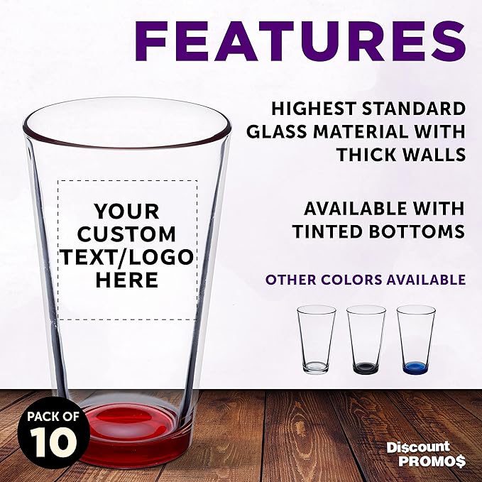Custom Libbey Pint Glass 16 oz. Set of 10, Personalized Bulk Pack - Beer Glasses, Heavy Duty Drinkware - Red