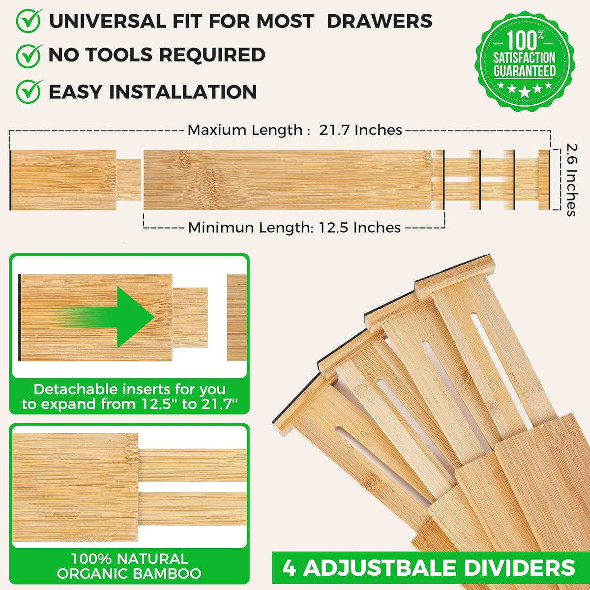 Bamboo Drawer Dividers Organizer with Inserts, Expandable from 12.5-21.7", Adjustable Drawer Organizer Separators for Utensils, Dresser, Bedroom, Bathroom, Closet, Clothing, Office (Beige)