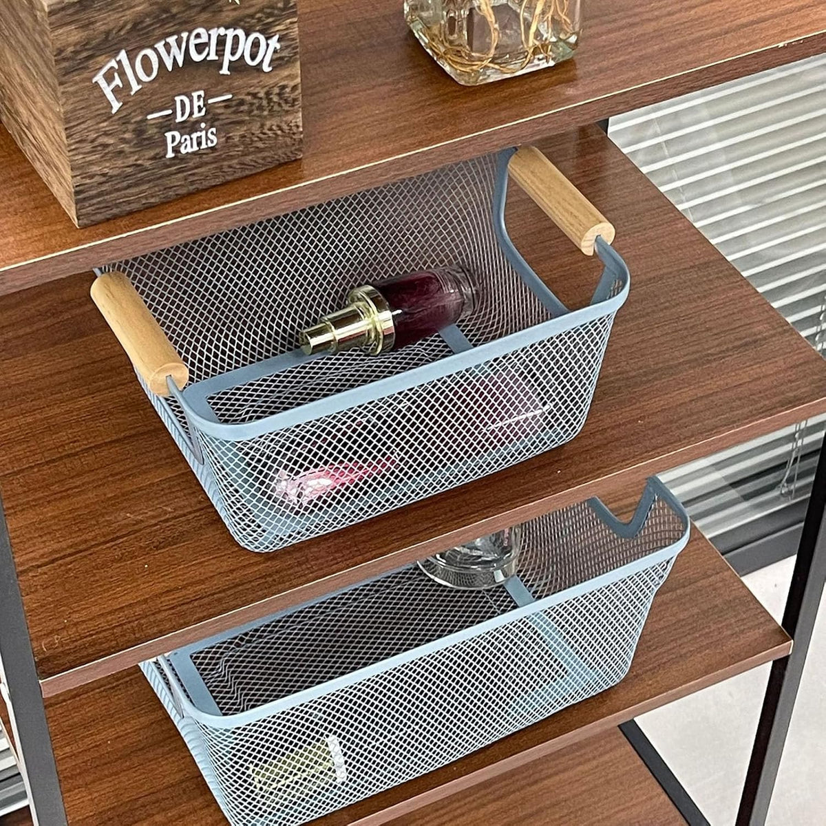 Metal Mesh Steel Basket, Large Wire Storage Organizer Basket Multi-function Hanging Kitchen Baskets with Wood Handle for Kitchen Bathroom Picnic Home, Rectangle-Blue