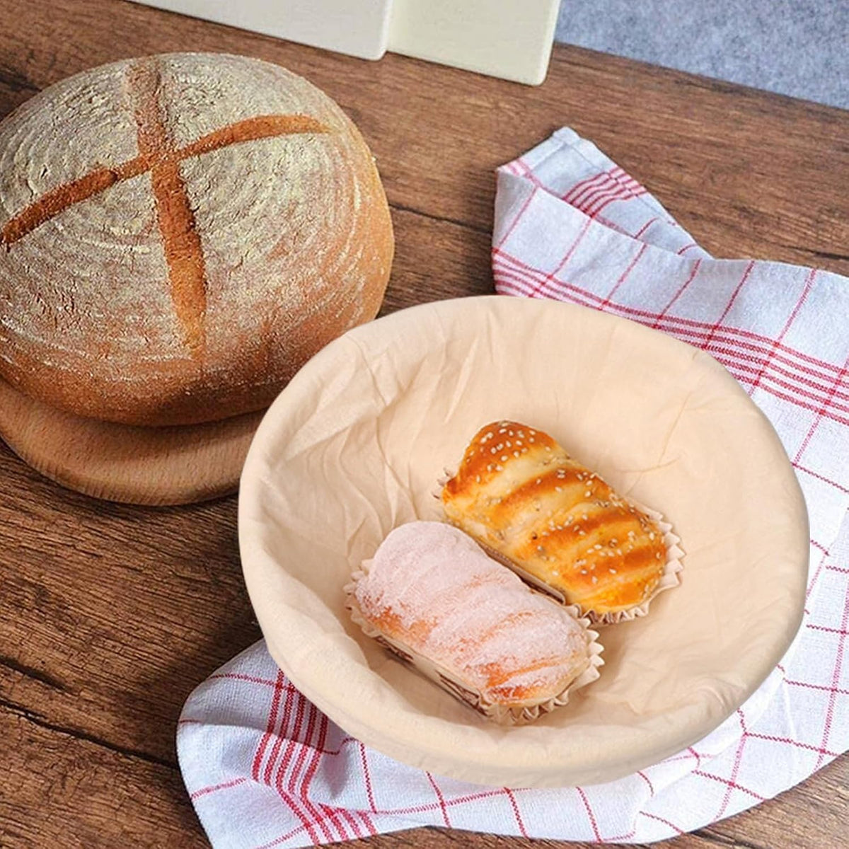 KONGDY Banneton Bread Proofing Basket, 10 Inch Round Sourdough Proofing Basket with Linen Liner, Bread Making Starter Kit, Bread Lame