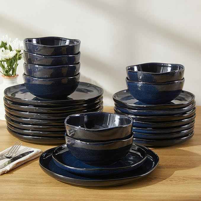 24 Piece Ceramic Dinnerware Sets for 8, Starry Blue Reactive Glaze | Unique Coastal Edge for Holiday Gatherings, Thanksgiving, Dinner Parties | Microwave & Dishwasher Safe Stoneware Dish Set
