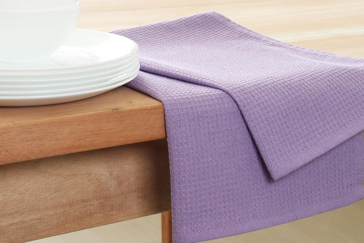 PurpleEssences Waffle Weave Kitchen Towel, 100% Cotton - 15 x 25 Inches, with Hanging Loop Ultra Soft Absorbent Quick Drying Dish Cloth, Tea and Hand Towels, 4 Pack - Spring Summer - Lavender