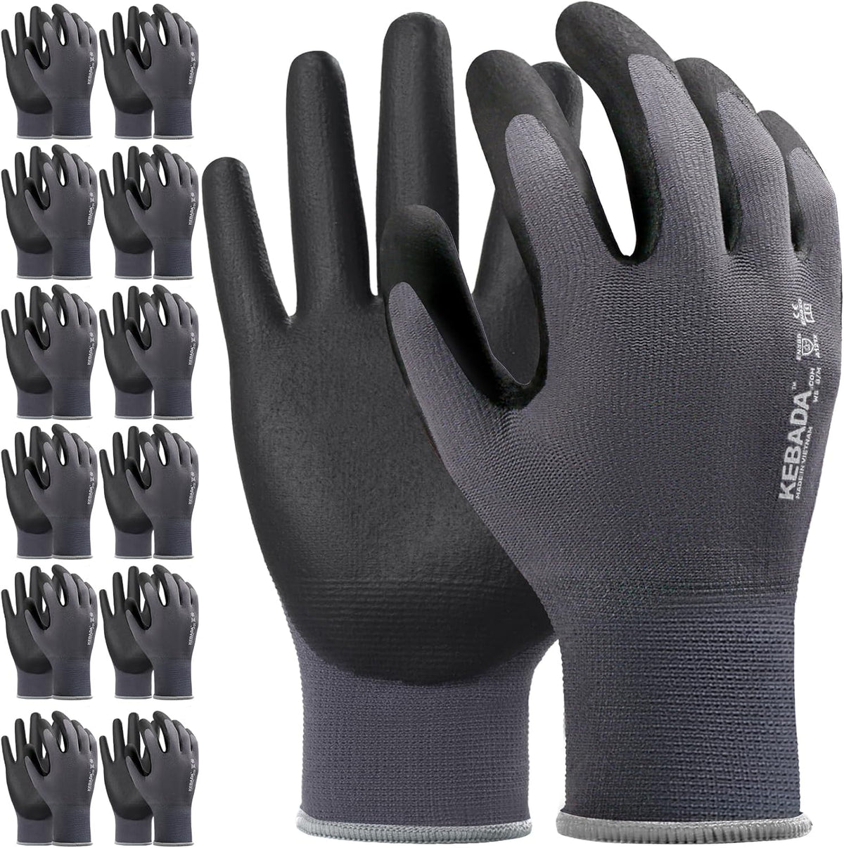 12 Pairs Work Gloves for Men and Women, Nitrile Coated Safety Protective Gloves with Grip, Ideal for Gardening, Warehouse, Mechanic, Light Duty Construction Work,Large
