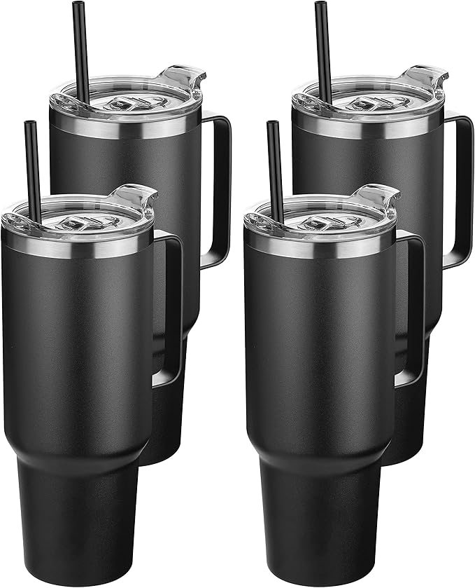 HASLE OUTFITTERS 40 oz Stainless Steel Tumbler with Handle, Vacuum Insulated Tumblers Bulk, Reusable Double Wall Travel Coffee Mug, Durable Powder Coated Water Bottles(Black, 4)