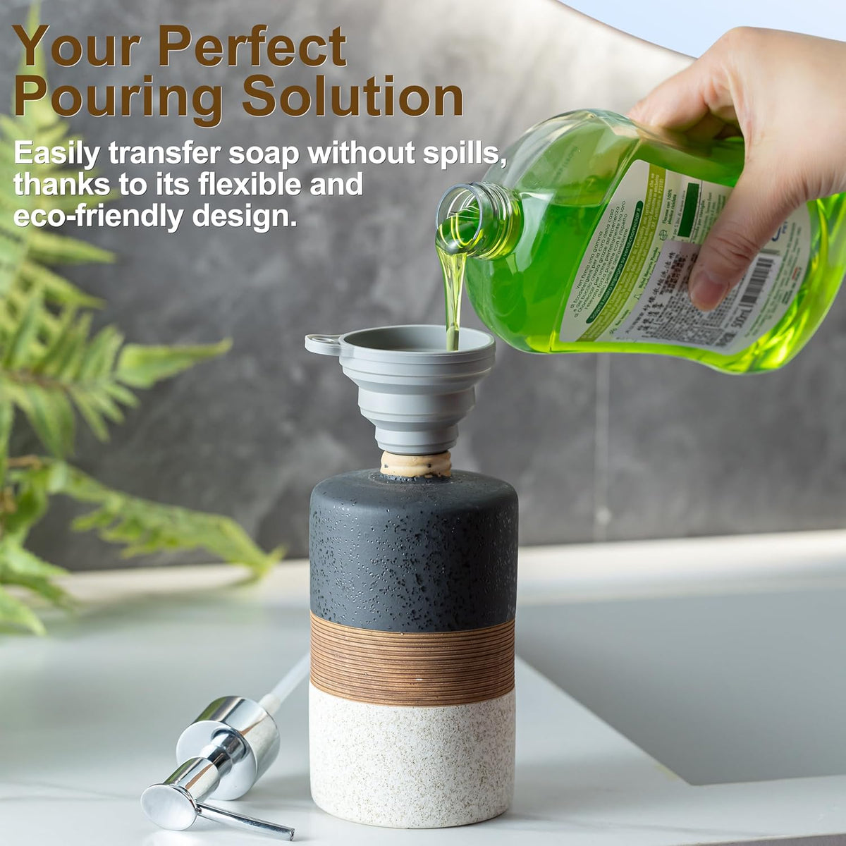 Dish Soap Dispenser Set with Silicone Funnel, Hand Soap, Shampoo, Body Wash, Ceramic Liquid Soap Dispenser for Kitchen and Bathroom Countertops, Stainless Steel Pump, Non Slip, 12 Oz, Black