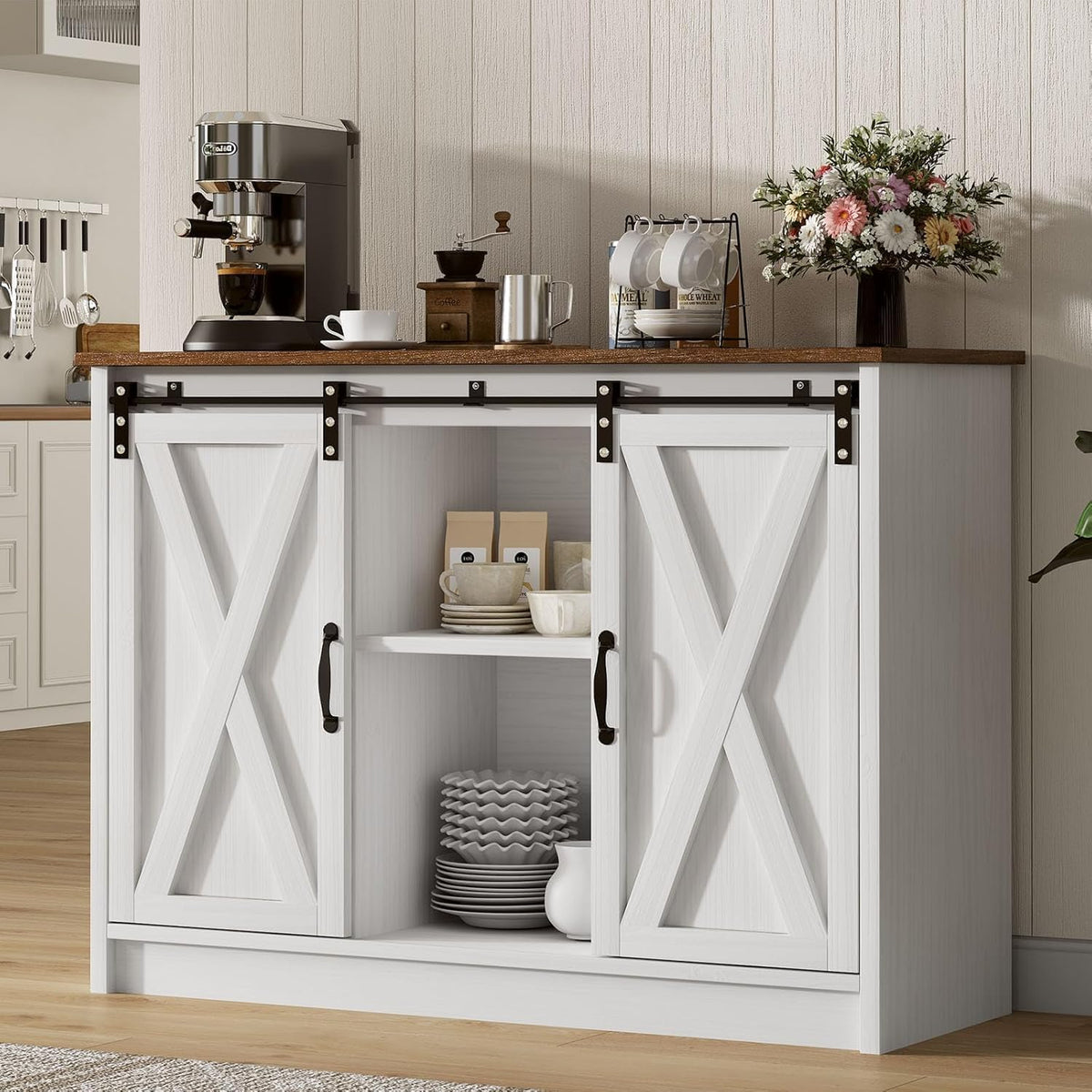 4 EVER WINNER Coffee Bar Cabinet with Sliding Barn Doors, 42”Farmhouse Buffet Cabinet with Storage for Kitchen, Coffee Bar with Adjustable Shelf for Dining Room, White