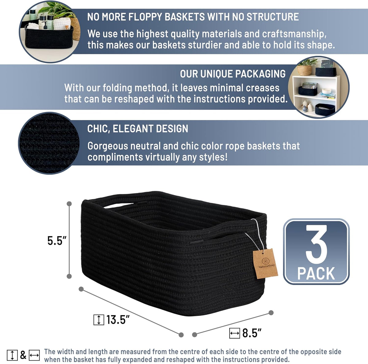 NaturalCozy 13.5”x8.5”x5.5” Rectangle Storage Baskets for Shelves 3 Pack | Cotton Rope Woven Small Baskets for Organizing | Small Storage Bins for Nursery, Bathroom, Closet, Shelf, Decorative