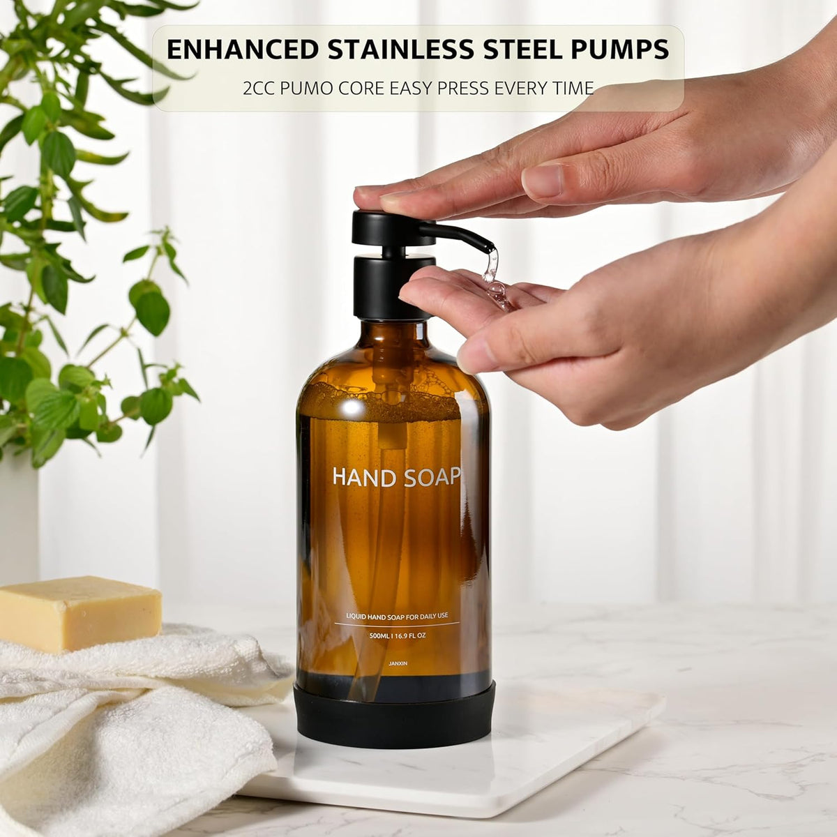 Glass Kitchen Soap Dispenser Set with Ceramic Tray,16.9 floz Hand and Dish Soap Dispenser for Kitchen and Bathroom Decor,Amber Kitchen Accessories(Amber Bottles + Black Pumps)