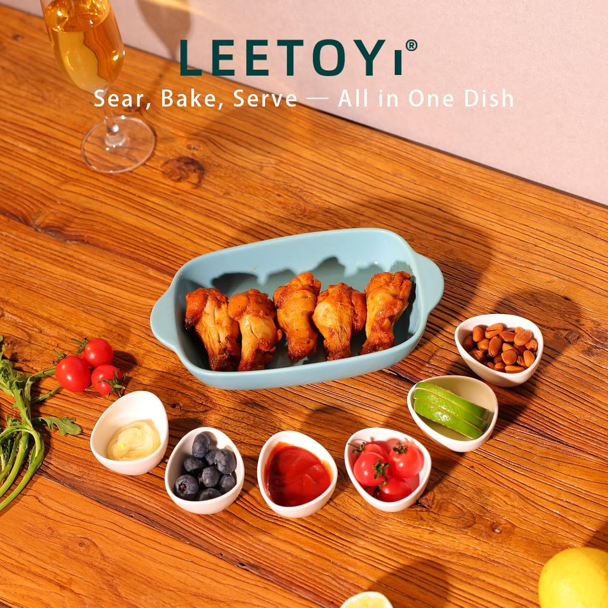 LEETOYI Ceramic Small Baking Dish, Porcelain 2-Piece Rectangular Bakeware with Double Handle, Baking Pans for Cooking and Cake Dinner 7.5"×5 (Turquoise)