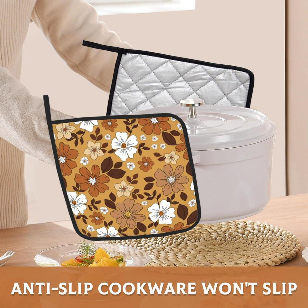 2 Pack Vintage Floral Pot Holders for Kitchen Heat Resistant, White Brown Flowers Potholders for Kitchens Washable for Cooking & Baking & Microwave